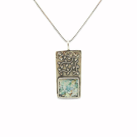 Necklace - Tree Branch Pendant With Ancient Roman Glass Set In Silver