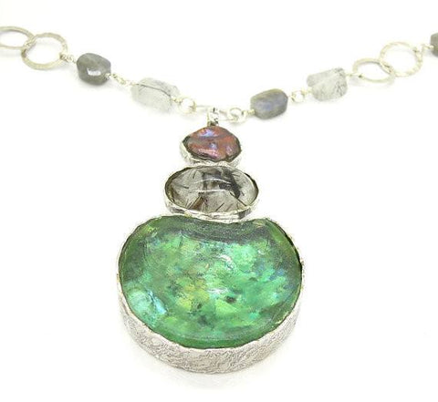 One Of A Kind - Labradorite, Grey Pearl, Rutilated Quartz And Glass Necklace