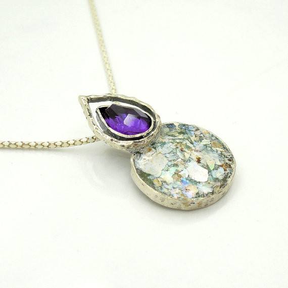 Pendant  - Drop And Circle Shape Amethyst And Roman Glass Pendant