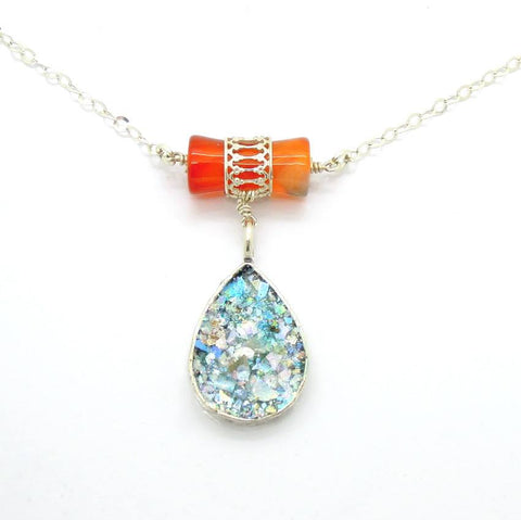 Pendant  - Drop Glass Necklace With Carneol