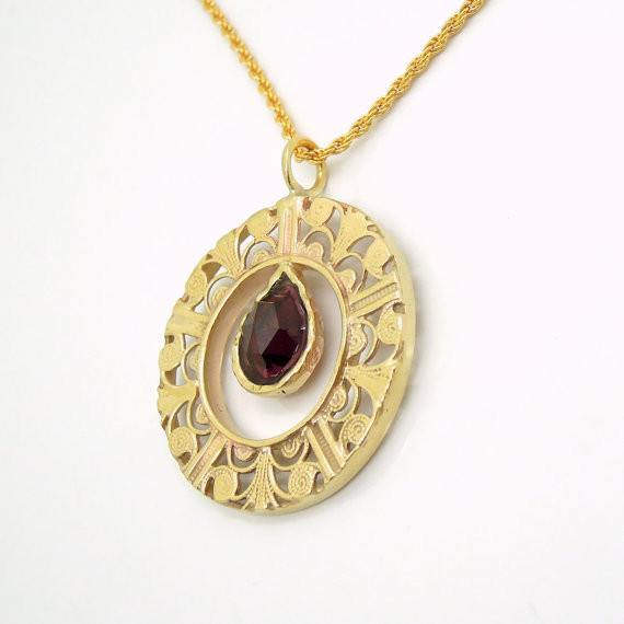 Pendant - Drop Shaped Garnet In A Round Filigree Silver Pendant