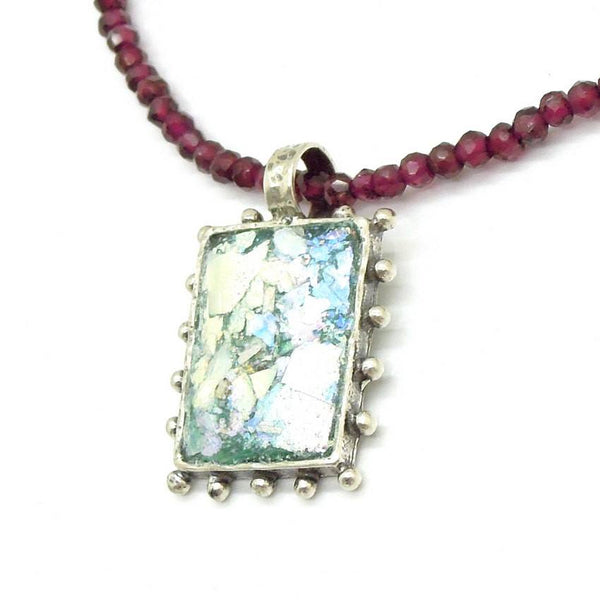 Pendant - Garnet Bead Necklace With A Square Silver Pendant And Roman Glass