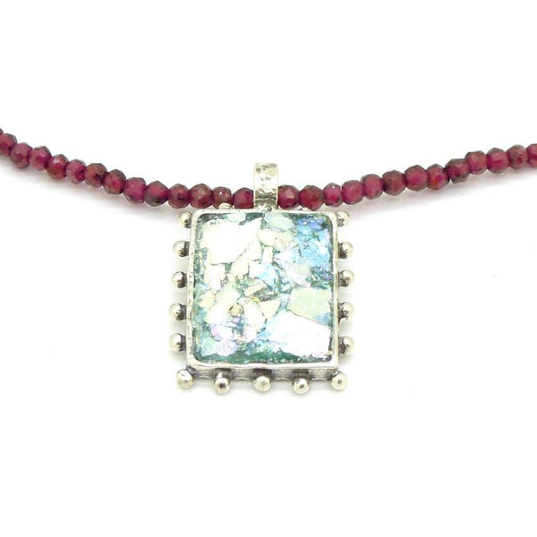 Pendant - Garnet Bead Necklace With A Square Silver Pendant And Roman Glass