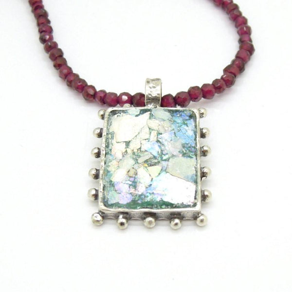 Pendant - Garnet Bead Necklace With A Square Silver Pendant And Roman Glass