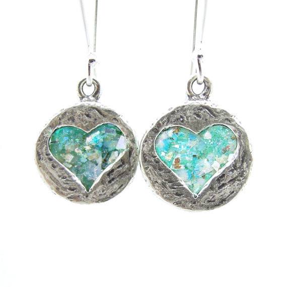 Pendant - Heart Necklace Pendant, Hammered Silver With Roman Glass
