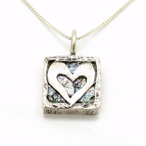 Pendant - Heart Necklace Pendant, Set In Silver & Roman Glass