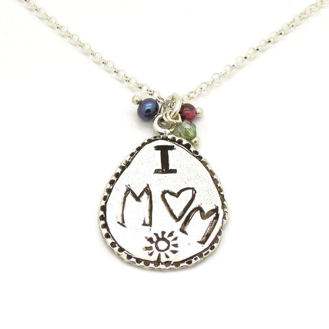 Pendant - I Love Mom Silver Pendant With Crystals And The Word Mom In Ancient Hebrew