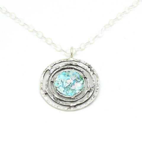 Pendant - Large Round Silver Pendant With Roman Glass