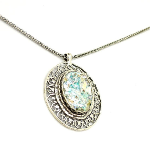 Pendant - Oval Filigree Silver Necklace With Roman Glass