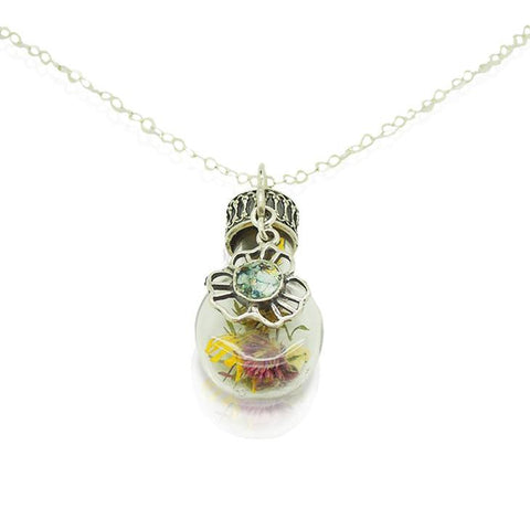 Pendant - Real Flowers From Israel In A Glass Bottle With Silver & Roman Glass Pendant