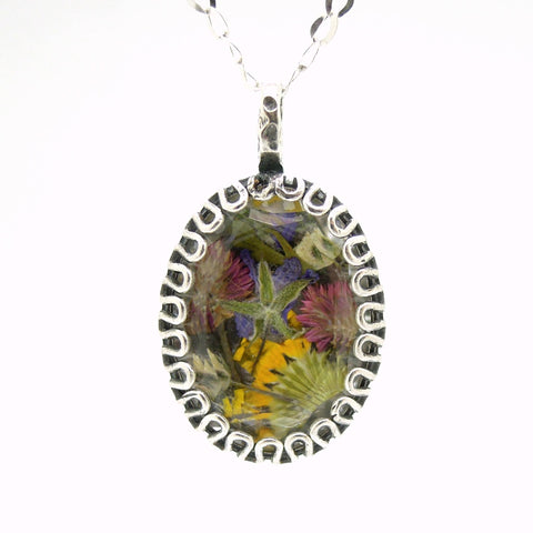 Pendant - Real Flowers From Israel Necklace, Laid In A Silver And Crystal Frame