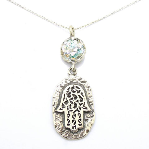 Pendant  - Roman Glass And Silver Hamsa Necklace