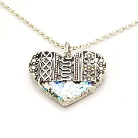 Pendant  - Romantic Heart Shape Silver And Roman Glass Pendant