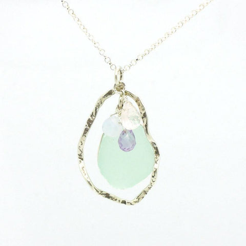 Pendant - Sea Glass Pendant With Sterling Silver & Gemstones