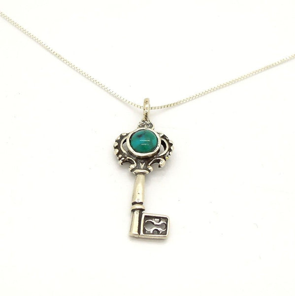 Pendant  - Silver And Turquoise Gemstone Pendant - Key Design