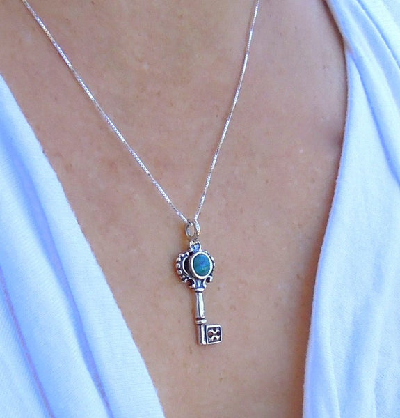 Pendant  - Silver And Turquoise Gemstone Pendant - Key Design