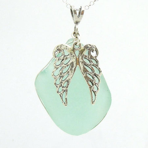 Pendant - Silver Angel Wings Sea Glass Pendant
