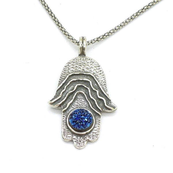 Pendant - Silver Hamsa Hand Pendant With A Blue Druzy Agate