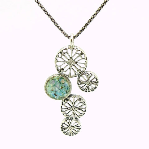 Pendant - Silver Pendant Necklace With Flower Shapes And Roman Glass