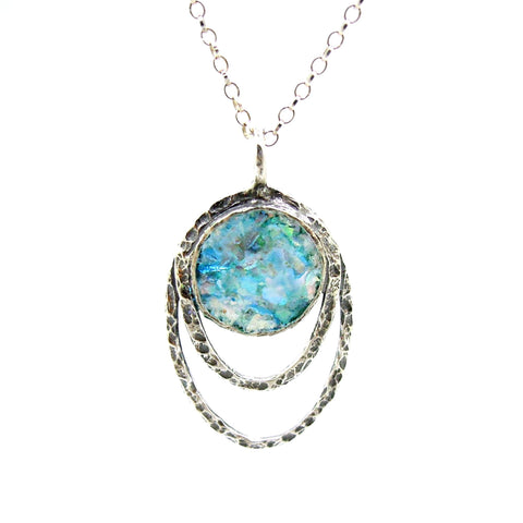 Pendant - Silver Pendant Necklace With Roman Glass Set In Hammered Oval Frame