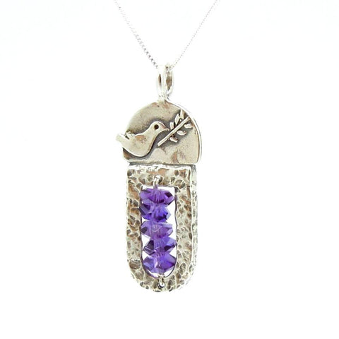 Pendant - Sterling Silver & Amethyst Pendant With A Dove Holding A Tree Branch