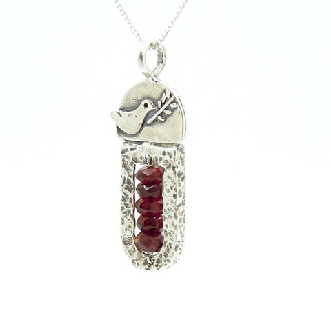 Pendant - Sterling Silver & Garnet Pendant With A Dove Holding A Tree Branch