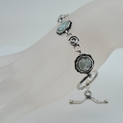 Silver Bracelet, Roman Glass Jewelry, Handmade, Gift, Israeli Jewelry, Sterling Silver 925, Round Bracelet Antigue Glass (rg 228b)