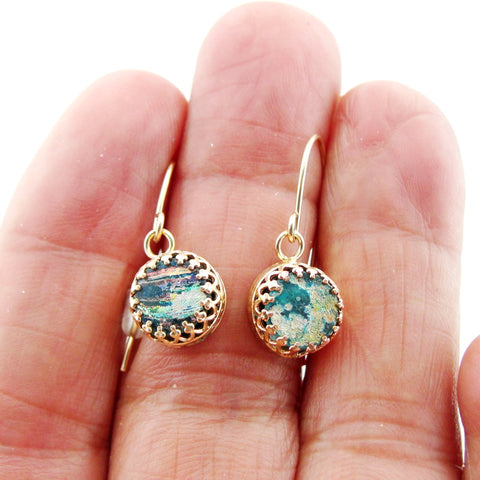 Roman Glass Jewelry, Small Earrings, Sterling Silver 925, Gift for Her, Gold Plated, Earrings with Roman Glass (rg 722egp)