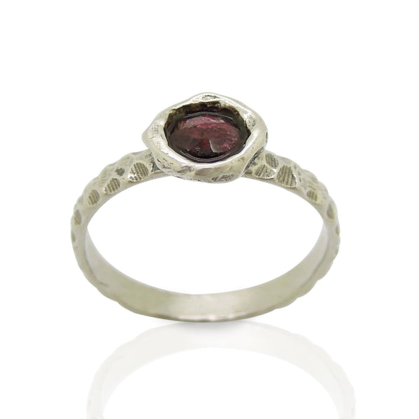 Ring - Garnet Ring Set In Hammered Sterling Silver, Stacking Ring