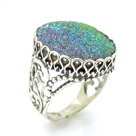 Ring - Green Druzy Agate Set In A Large Filigree Silver Ring