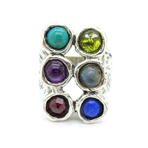 Ring - Large Rectangle Silver Ring With Gemstones