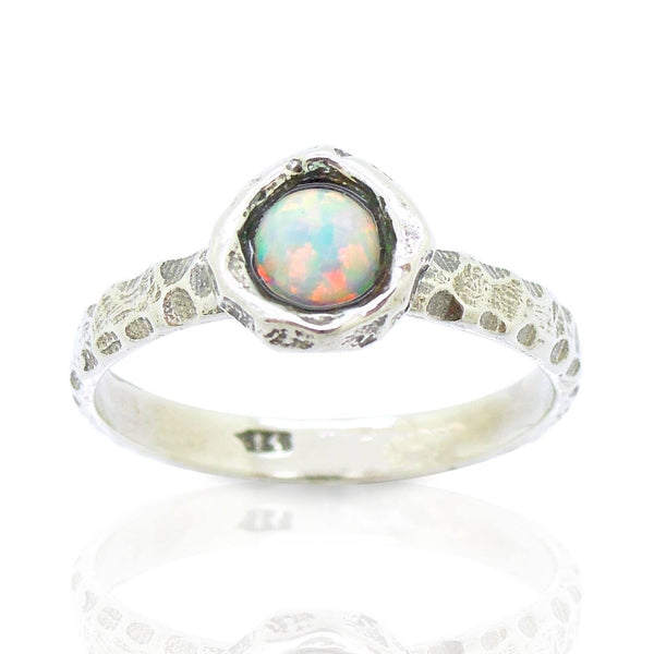 Ring - Opal Ring Set In Hammered Sterling Silver, Stacking Ring