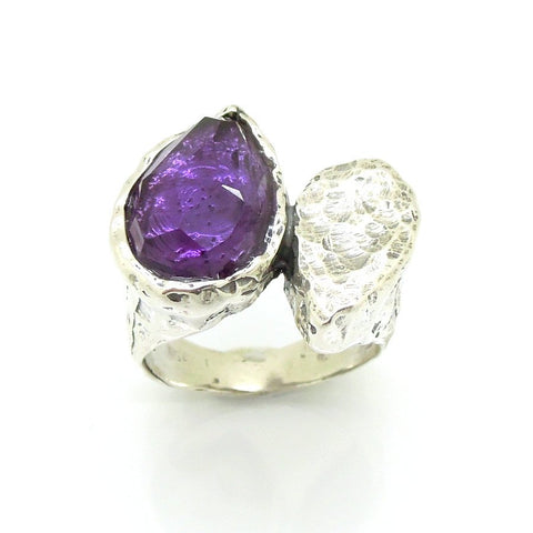 Ring - Silver Ring With Purple CZ Drop Shape Gemstone Ring