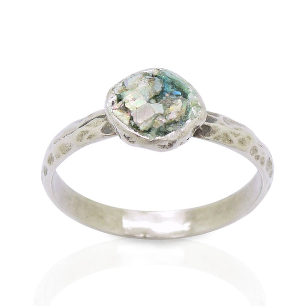 Ring - Stacking Ring, Hammered Sterling Silver, Roman Glass Set On Top