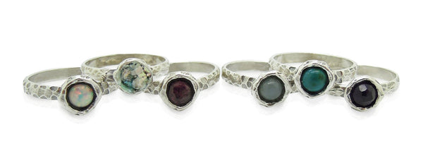 Ring - Stacking Ring, Hammered Sterling Silver, Roman Glass Set On Top