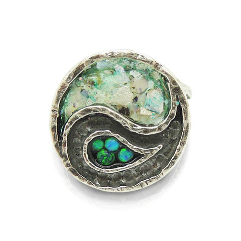 Ring - Yin Yang Ring With Mosaic Opal & Roman Glass