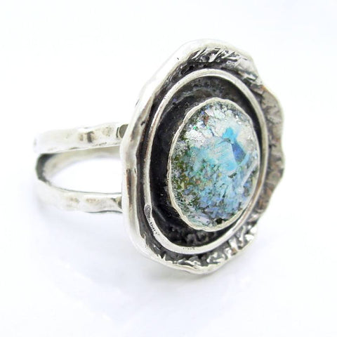 Rings - Curvy Large Silver Roman Glass Ring Wide & Hammered