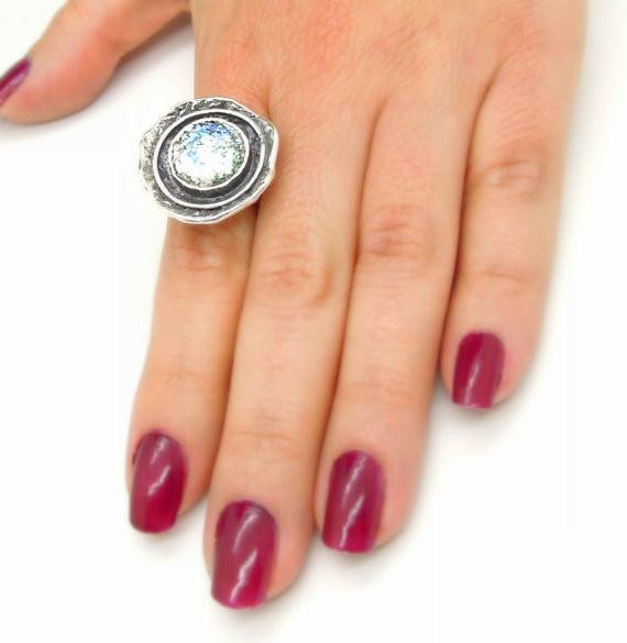 Rings - Curvy Large Silver Roman Glass Ring Wide & Hammered