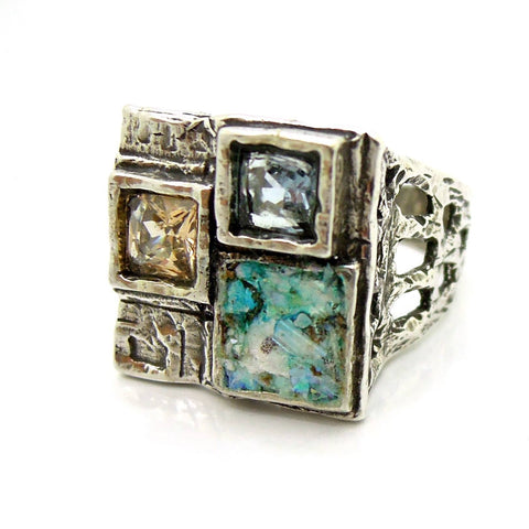 Rings - Large Square Silver Ring With Zircon & Roman Glass
