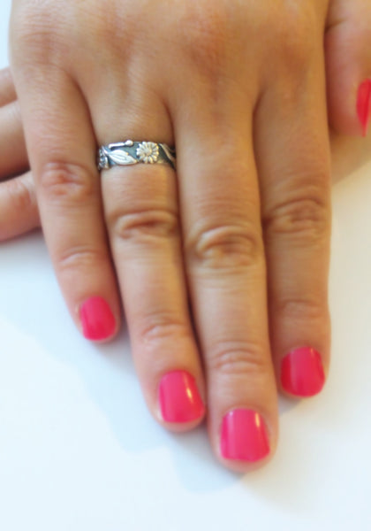 Flower wedding band, oxidized silver, matching set ring