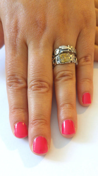 Flower wedding band, oxidized silver, matching set ring