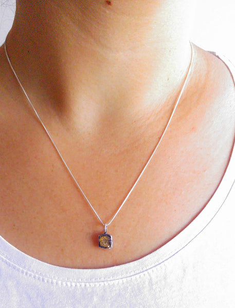 Raw diamond necklace pendant, Square pendant, 24K Yellow gold in oxidized silver, Silver chain included