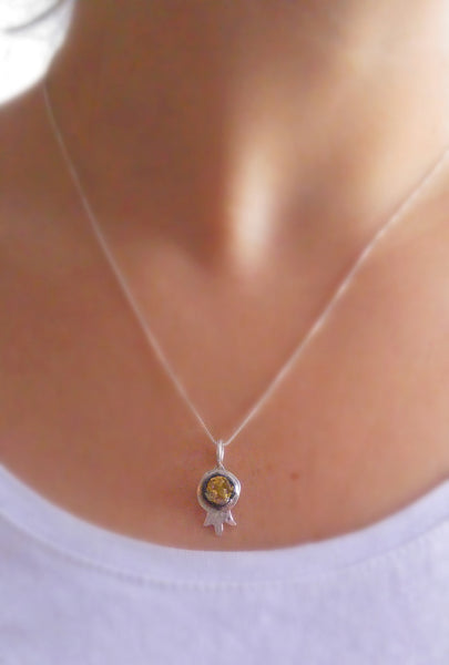 Raw diamond necklace pendant, Pomegranate shaped pendant, 24K Yellow gold in oxidized silver, Silver chain included