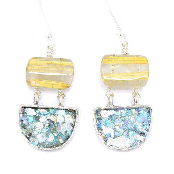Rutilated quartz silver earrings with hanging roman glass
