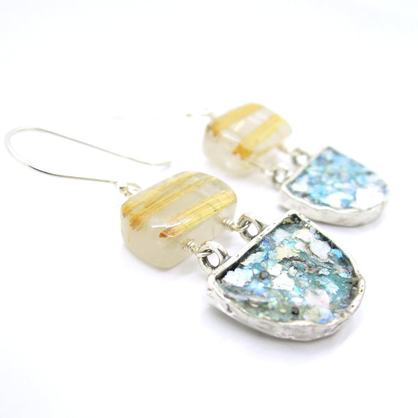 Rutilated quartz silver earrings with hanging roman glass