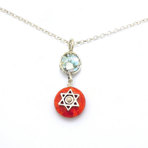 Coral sponge and roman glass necklace with a Star of David
