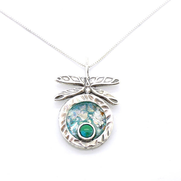 Roman Glass and Turquoise Gemstone Necklace - Dragonfly Design