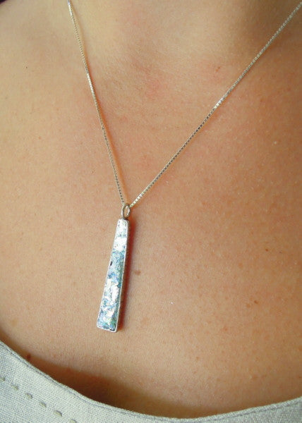 Long and narrow classic silver and roman glass pendant
