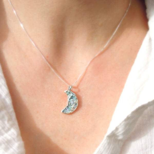 Roman Glass and Silver Pendant - Moon Design