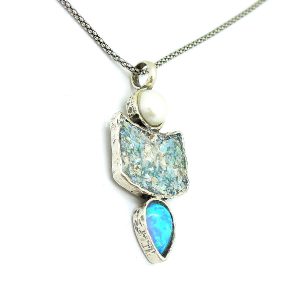 Silver necklace with a pearl, roman glass and drop opal